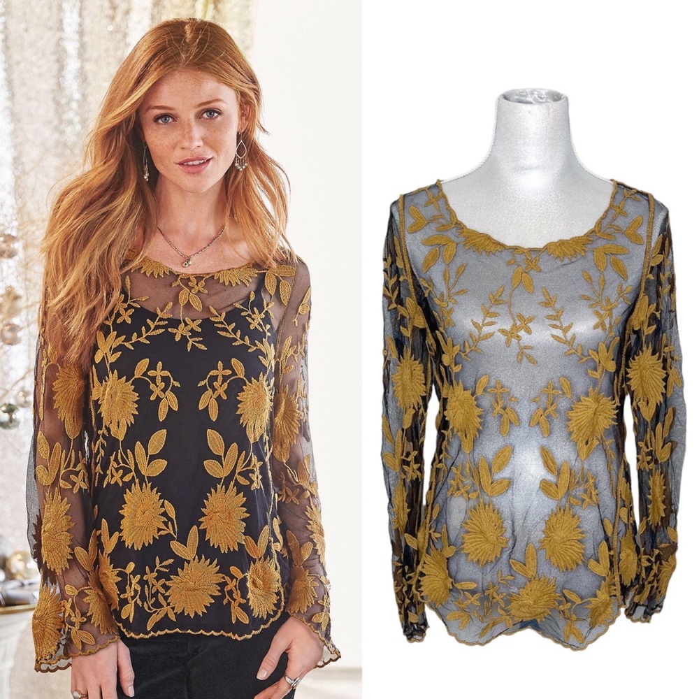 Sundance Goldenrod Embroidered Sheer Long Sleeve Floral Blouse Small